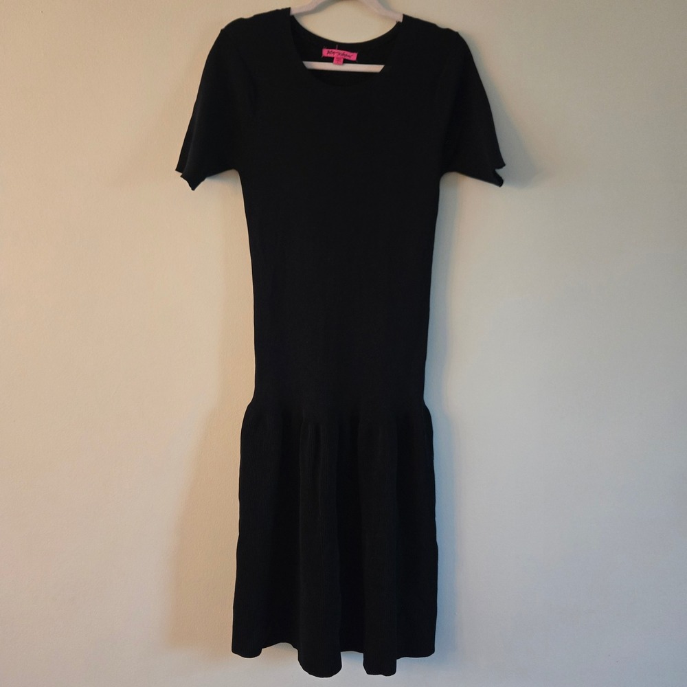 Vintage Betsey Johnson Y2K Black Ribbed Knit Drop Waist Pleated Midi Dress L
